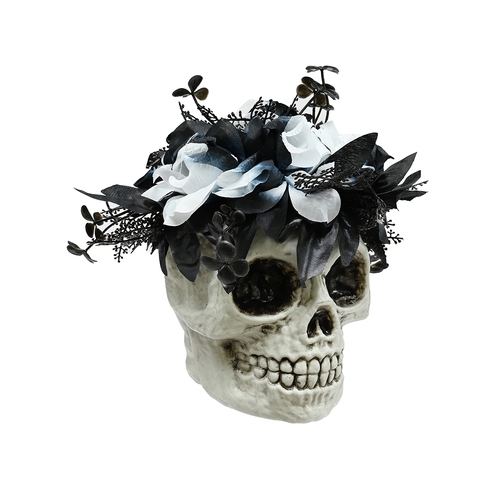 Spooky Floral Skull Flower Bouquet 18cm - Gothic Halloween Decoration with Black & White Roses